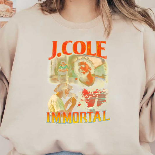 Vibrant artwork featuring J. Cole, titled "Immortal," showcasing his distinctive style and artistic expression.DTF Transfers