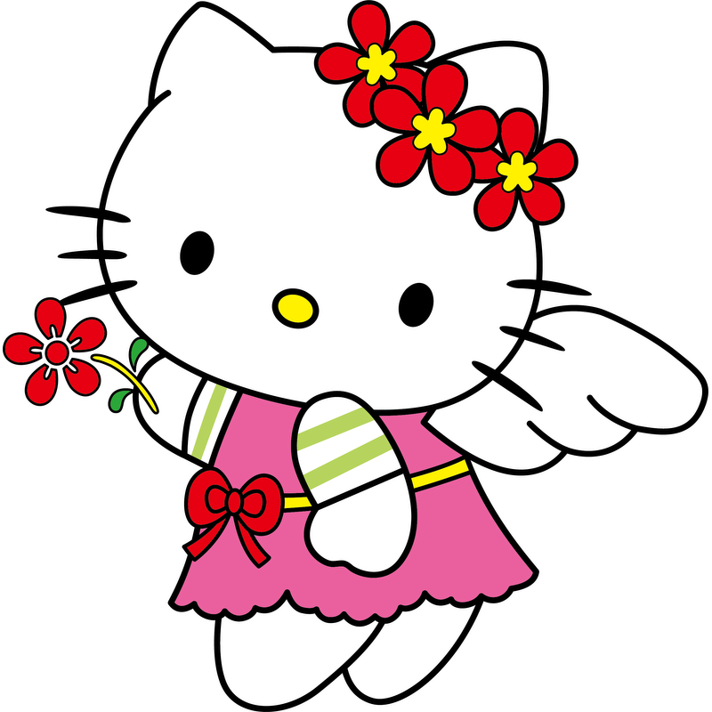 This charming illustration features Hello Kitty as a whimsical angel, adorned in a pink dress with floral accents and wings.DTF Transfers