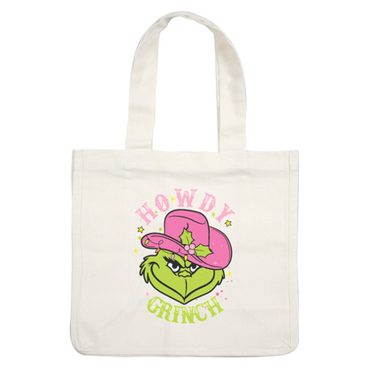 A quirky design featuring the Grinch in a bright pink cowboy hat, complete with festive holly and playful lettering.DTF Transfersdtf regular iron