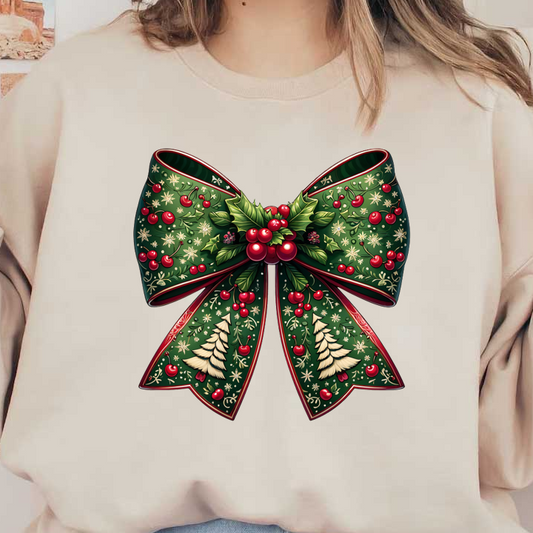 Festively designed, this large green bow adorned with holly, berries, and Christmas trees adds a cheerful touch to holiday decorations. dtf prints