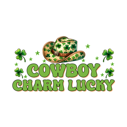 Este diseño divertido presenta un sombrero de vaquero adornado con tréboles, complementado por el texto caprichoso "Cowboy Charm Lucky" en verde vibrante.