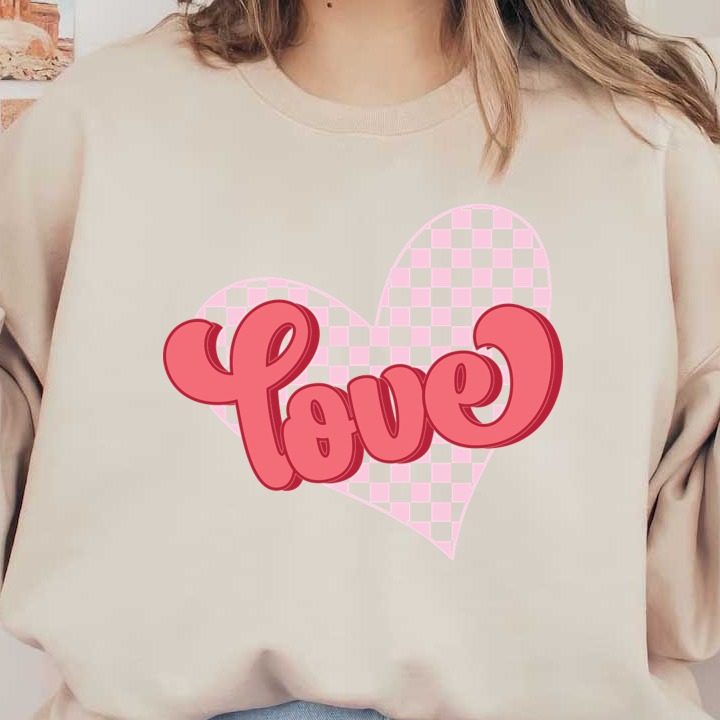 A playful pink "Love" graphic inside a heart, featuring a checkered background for a cheerful touch. heat press transfers