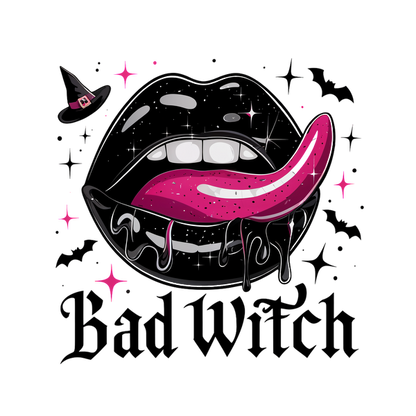 Un gráfico vibrante que presenta labios negros brillantes con una divertida lengua rosa, rematado con un sombrero de bruja y el texto "Bad Witch".