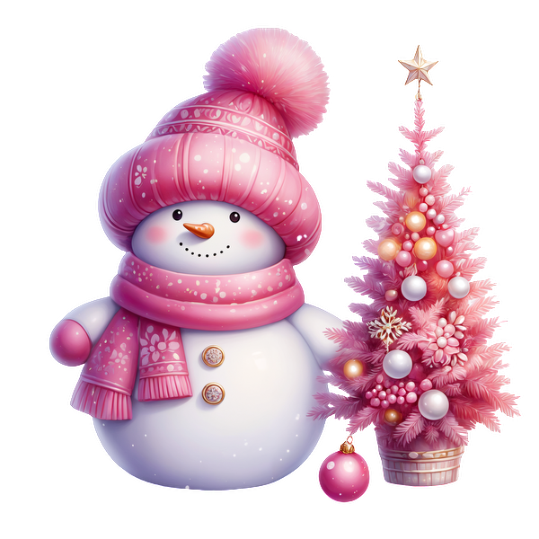 A cheerful pink snowman in a matching hat and scarf stands beside a decorated pink Christmas tree. dtf prints