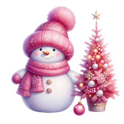 A cheerful pink snowman in a matching hat and scarf stands beside a decorated pink Christmas tree. dtf prints