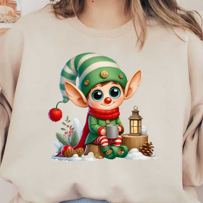 A cheerful, cartoonish elf in a green and red outfit sits on a log, holding a mug beside a lantern.DTF Transfers heat press transfersdtf regular iron