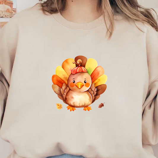 A cute cartoon turkey character with colorful feathers and a charming expression, wearing a small pumpkin hat. dtf transfers