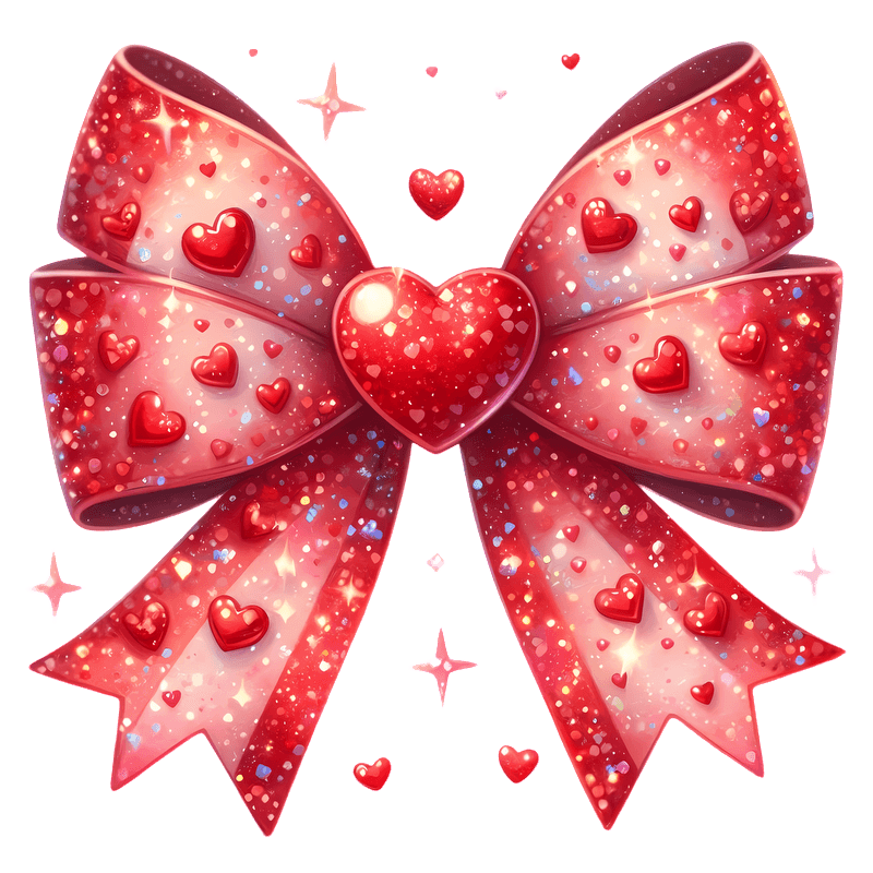 A sparkling red bow adorned with hearts and glitter, perfect for adding a romantic touch to any gift or decoration.DTF Transfers