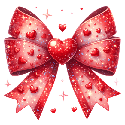 A sparkling red bow adorned with hearts and glitter, perfect for adding a romantic touch to any gift or decoration.DTF Transfers