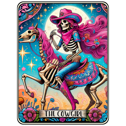 A vibrant depiction of a skeleton cowgirl riding a colorful horse, adorned with floral elements and a starry backdrop.dtf regular iron