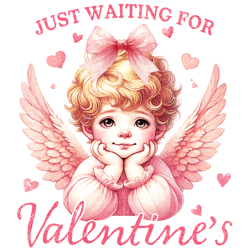 A charming illustration of a winged angel with a pink bow, waiting for Valentine's Day with playful hearts around.DTF Transfers