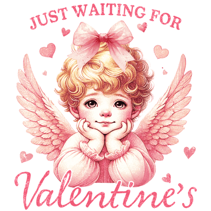 A charming illustration of a winged angel with a pink bow, waiting for Valentine's Day with playful hearts around.DTF Transfers