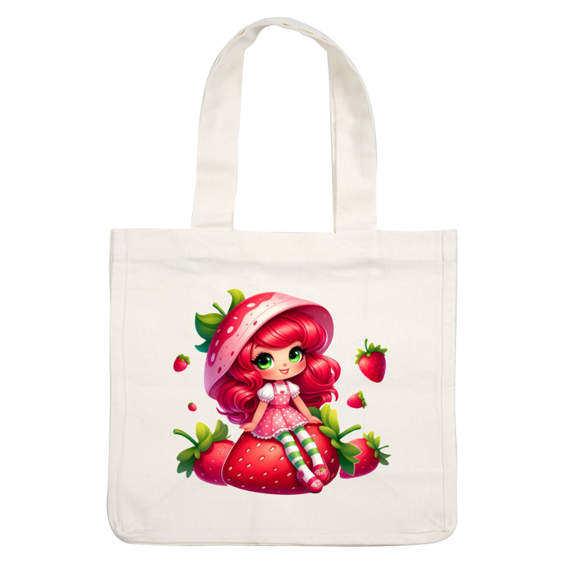 A cute, animated character with strawberry-themed attire and vibrant red hair, surrounded by colorful strawberries.DTF Transfers