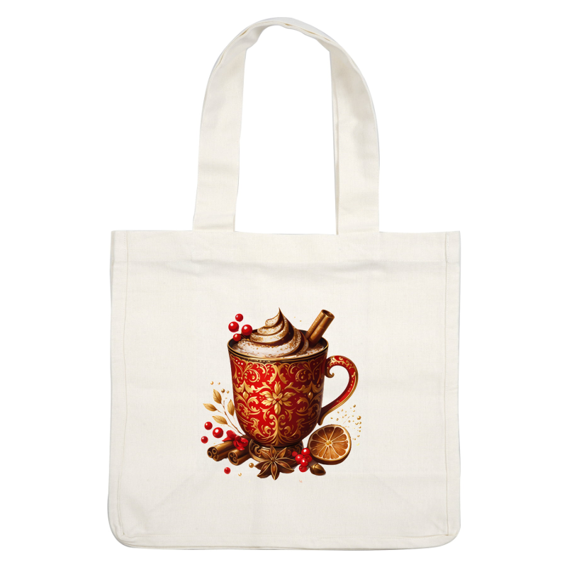 A beautifully ornate red mug filled with whipped cream, topped with cinnamon sticks, surrounded by festive spices and berries. heat press transfers