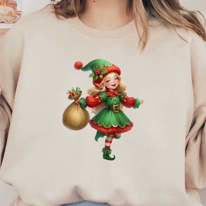 Cheerful Elf Girl DTF Transfers, Festive Goodies & Vibrant Outfit | MakeDTF