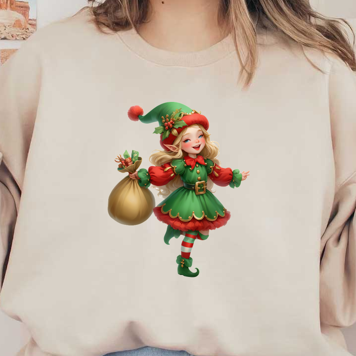 A cheerful elf girl in a vibrant green and red outfit, joyfully carrying a sack filled with festive goodies.DTF Transfers dtf prints