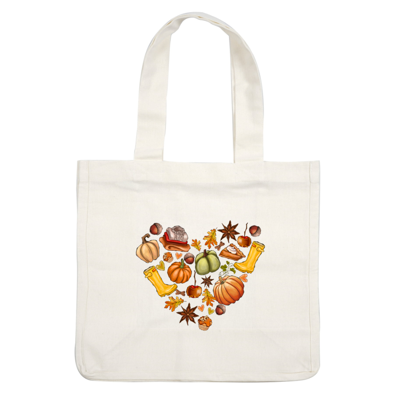 A charming autumn-themed illustration featuring pumpkins, leaves, acorns, yellow rain boots, and a slice of pumpkin pie, all in a heart shape.DTF Transfers heat press transfers