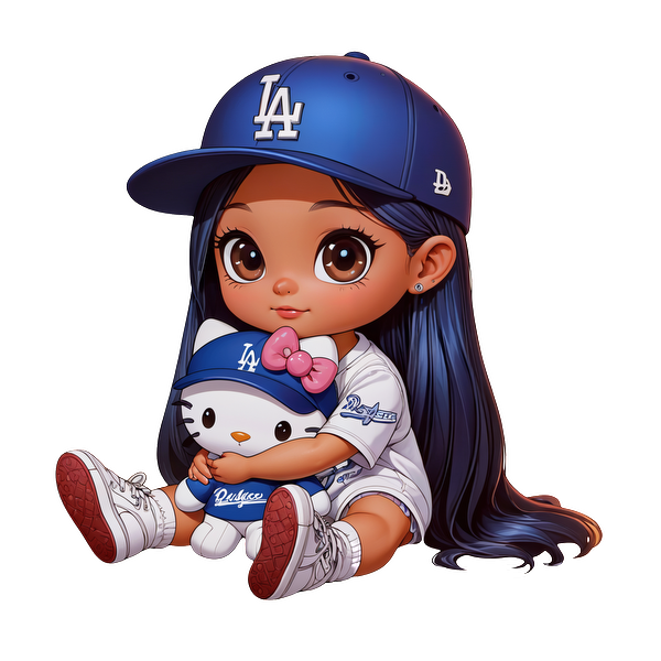 A cute girl wearing a blue Dodgers cap and shirt holds a Hello Kitty plushie, showcasing a playful, sporty style.DTF Transfers dtf transfers