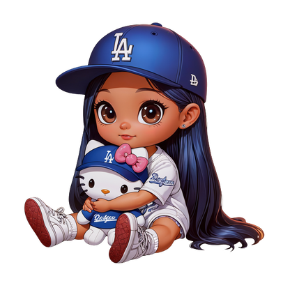 A cute girl wearing a blue Dodgers cap and shirt holds a Hello Kitty plushie, showcasing a playful, sporty style.DTF Transfers dtf transfers