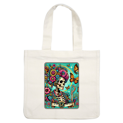 This vibrant art print features a colorful skeleton adorned with flowers and butterflies, showcasing a playful and whimsical design.