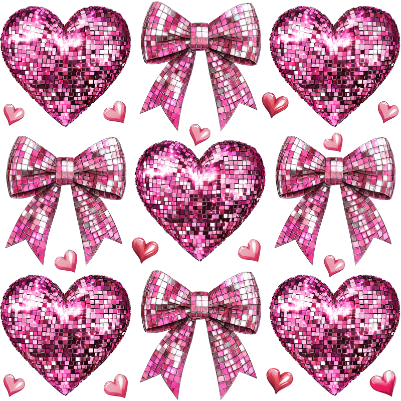 A vibrant collection of pink glittering hearts and bows, perfect for a fun, festive celebration or decoration theme.DTF Transfers