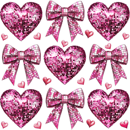 A vibrant collection of pink glittering hearts and bows, perfect for a fun, festive celebration or decoration theme.DTF Transfers