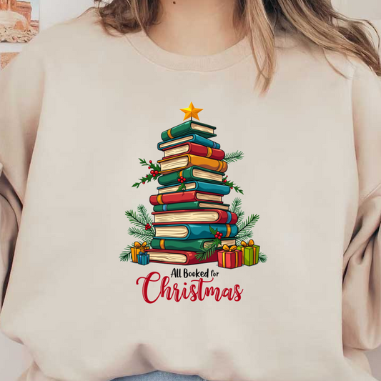 A whimsical design featuring a stack of colorful books styled as a Christmas tree, adorned with gifts and greenery.DTF Transfers