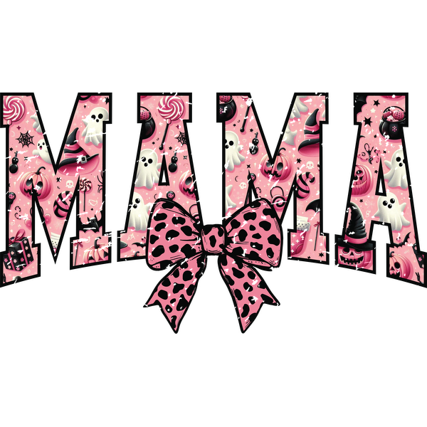 A fun and playful "MAMA" design featuring bright colors, candy motifs, and a stylish black and pink bow. dtf prints