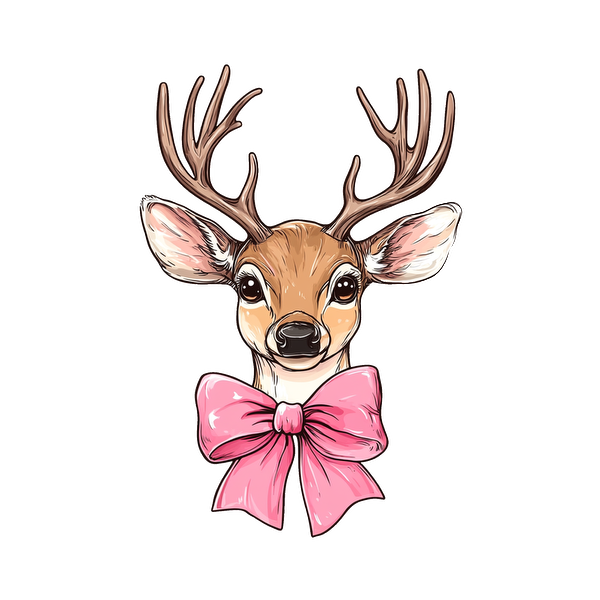 A charming illustration of a deer with antlers, adorned with a cute pink bow, capturing a playful and whimsical vibe.dtf regular iron