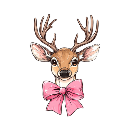 A charming illustration of a deer with antlers, adorned with a cute pink bow, capturing a playful and whimsical vibe.dtf regular iron