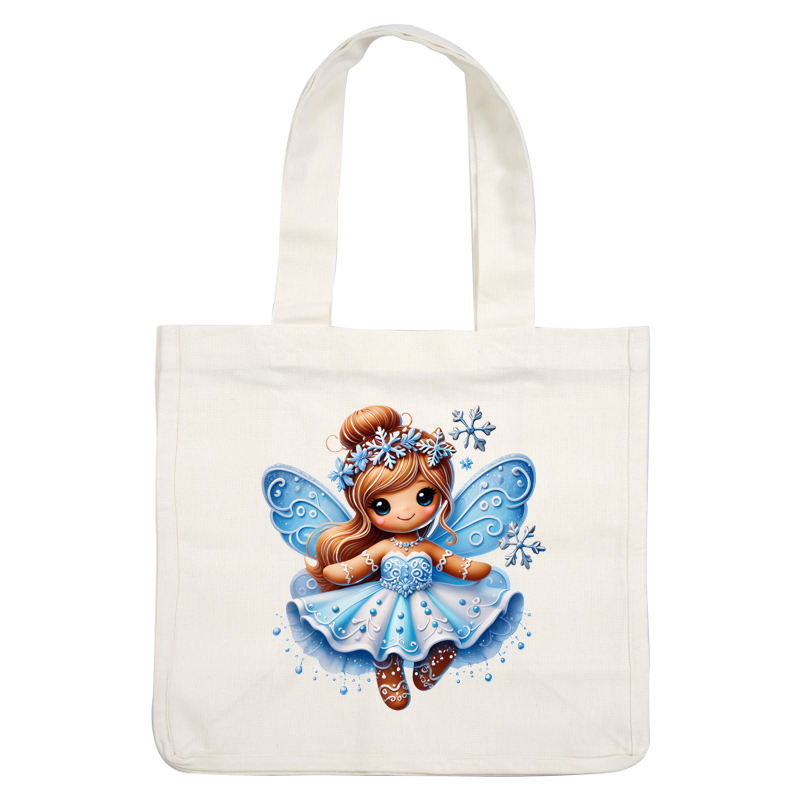 A charming blue fairy with sparkling wings and a beautiful dress, adorned with snowflakes and intricate details.DTF Transfers heat press transfers