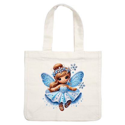 A charming blue fairy with sparkling wings and a beautiful dress, adorned with snowflakes and intricate details.DTF Transfers heat press transfers