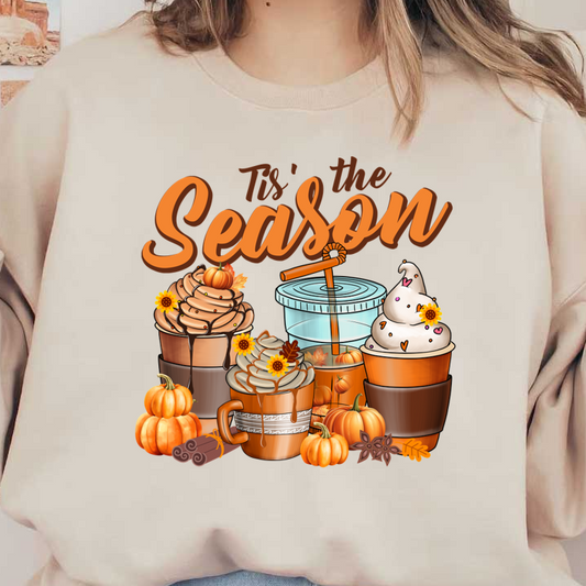 A vibrant autumn-themed illustration featuring four delightful coffee cups with seasonal toppings, surrounded by pumpkins and floral accents. dtf transfers