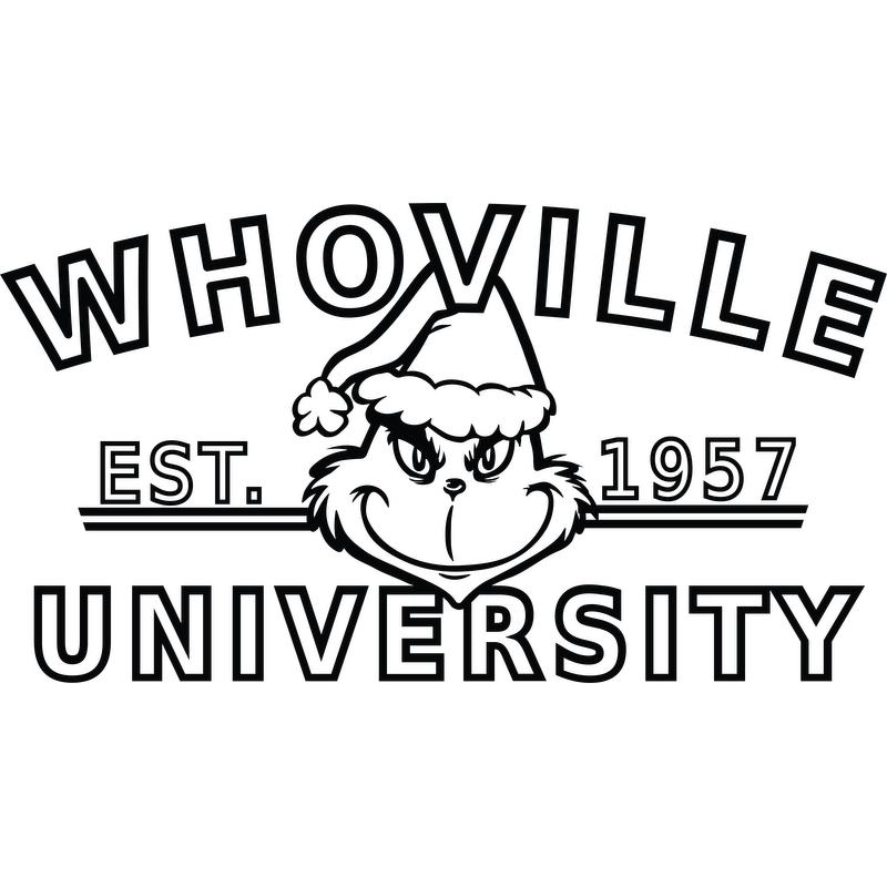 Whoville University logo featuring a playful character with a Santa hat, established in 1957, celebrating holiday spirit and whimsy.DTF Transfers dtf transfers