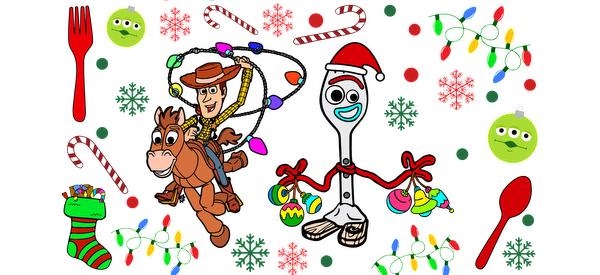 A whimsical holiday design featuring a cowboy on a horse, a playful character in a Santa hat, and festive decorations.UV Transfers dtf prints