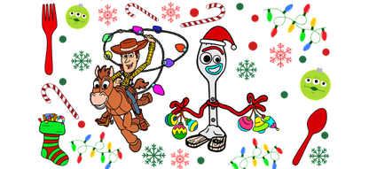 A whimsical holiday design featuring a cowboy on a horse, a playful character in a Santa hat, and festive decorations.UV Transfers dtf prints