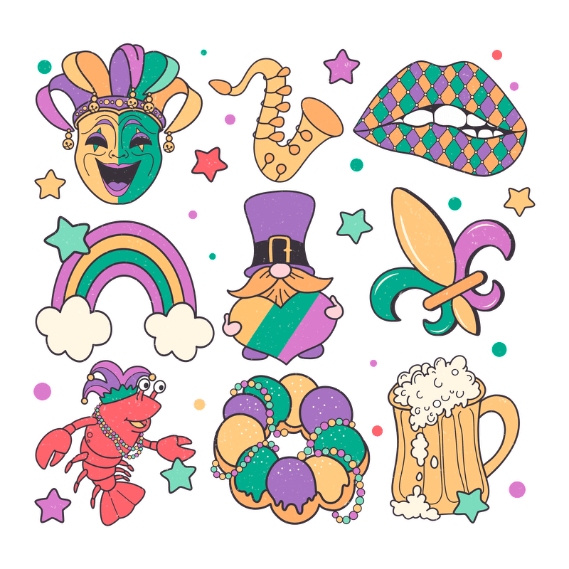 Celebrate Mardi Gras with this playful collection featuring a jester, saxophone, rainbow, bearded figure, musical notes, and festive treats!DTF Transfers