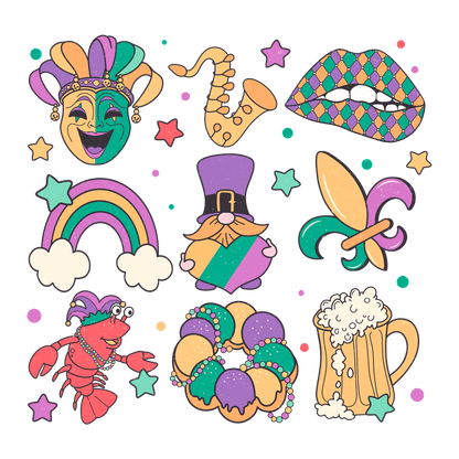 Celebrate Mardi Gras with this playful collection featuring a jester, saxophone, rainbow, bearded figure, musical notes, and festive treats!DTF Transfers