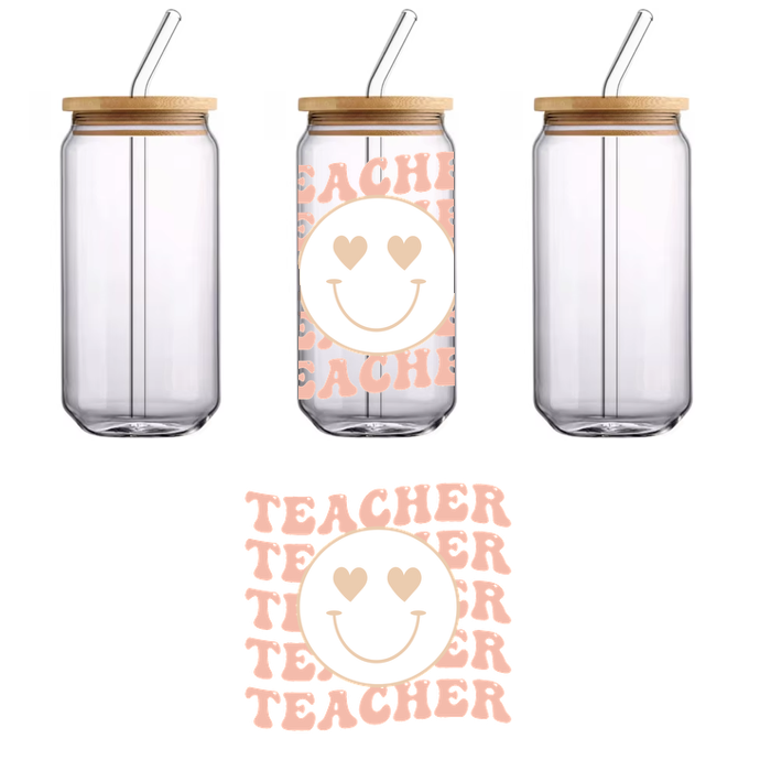 A playful design featuring the word "TEACHER" and a smiling face with heart eyes, celebrating educators.UV Transfers heat press transfers