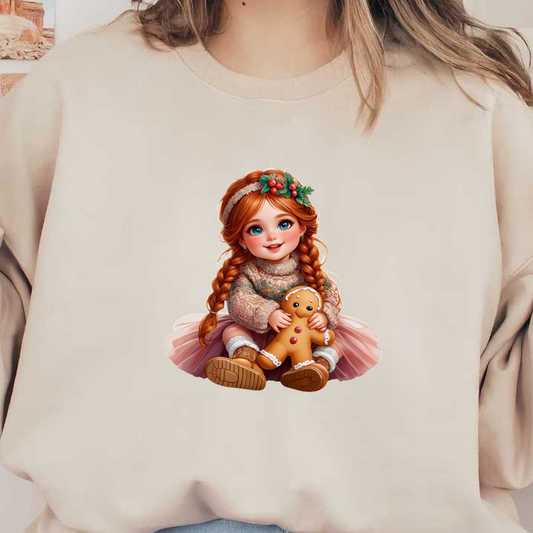 A cheerful young girl with braided red hair, dressed in a festive sweater and pink tulle skirt, holds a gingerbread cookie.DTF Transfersdtf regular iron