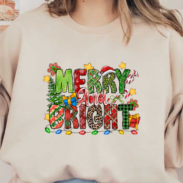 A vibrant and festive graphic featuring the cheerful phrase "Merry and Bright" surrounded by holiday decorations like a tree, gifts, and lights.DTF Transfers dtf transfers dtf transfers