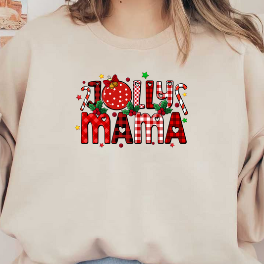 Festive "Jolly Mama" design featuring colorful, playful lettering adorned with candy canes, holly, and a vibrant red ornament. dtf prints