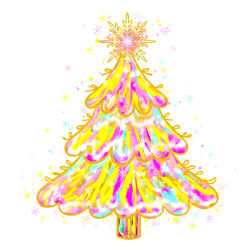 A vibrant, colorful illustration of a whimsical Christmas tree with sparkles.DTF Transfers