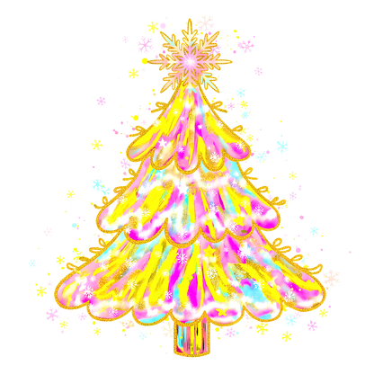 A vibrant, colorful illustration of a whimsical Christmas tree with sparkles.DTF Transfers