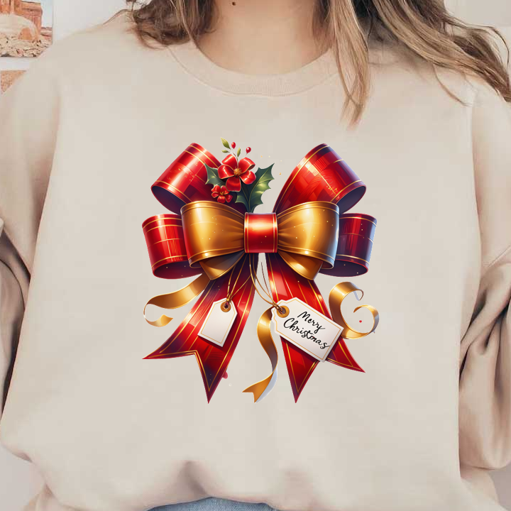 A festive red and gold ribbon bow adorned with flowers and a "Merry Christmas" tag, perfect for holiday gifts!dtf regular iron