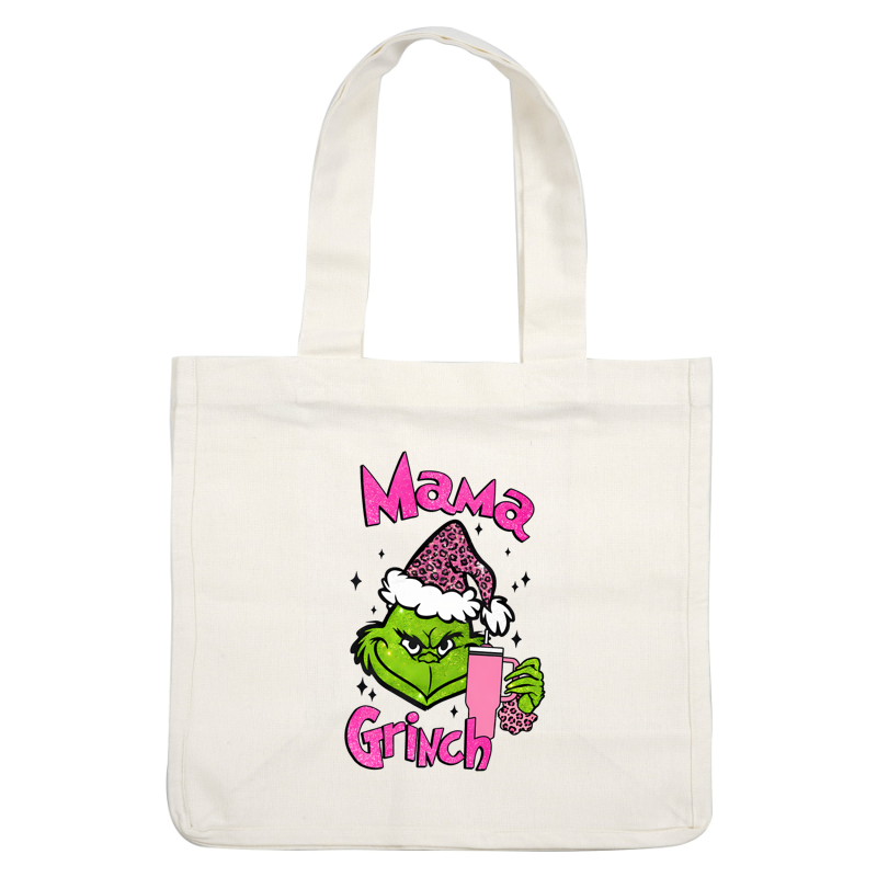 A playful design featuring the iconic Grinch with a pink leopard-print hat, holding a drink, complemented by sparkly text.DTF Transfersdtf regular iron dtf prints