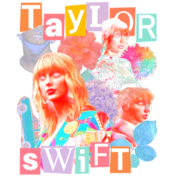 Un collage vibrante y colorido con Taylor Swift, resaltado con elementos artísticos y texto en negrita que celebra su nombre. Transferencias DTF