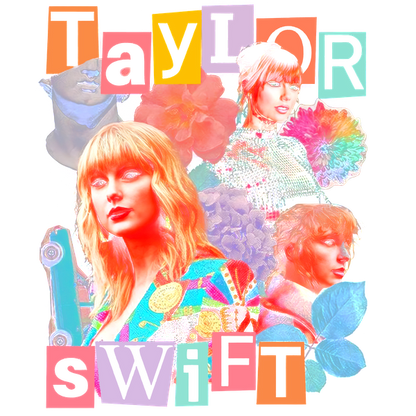 Un collage vibrante y colorido con Taylor Swift, resaltado con elementos artísticos y texto en negrita que celebra su nombre. Transferencias DTF