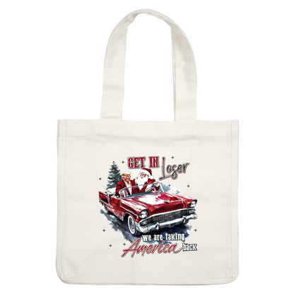 A fun and festive graphic featuring a classic red convertible driven by characters in holiday attire, embodying a whimsical spirit.DTF Transfers dtf prints