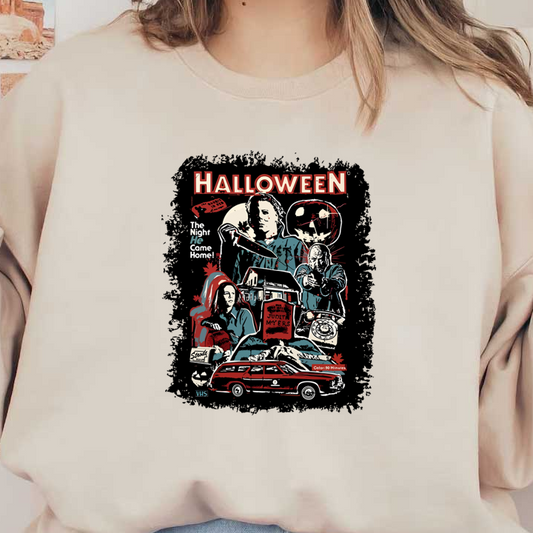 This vibrant Halloween-themed artwork features iconic characters and imagery from the classic horror film, evoking a nostalgic VHS style.